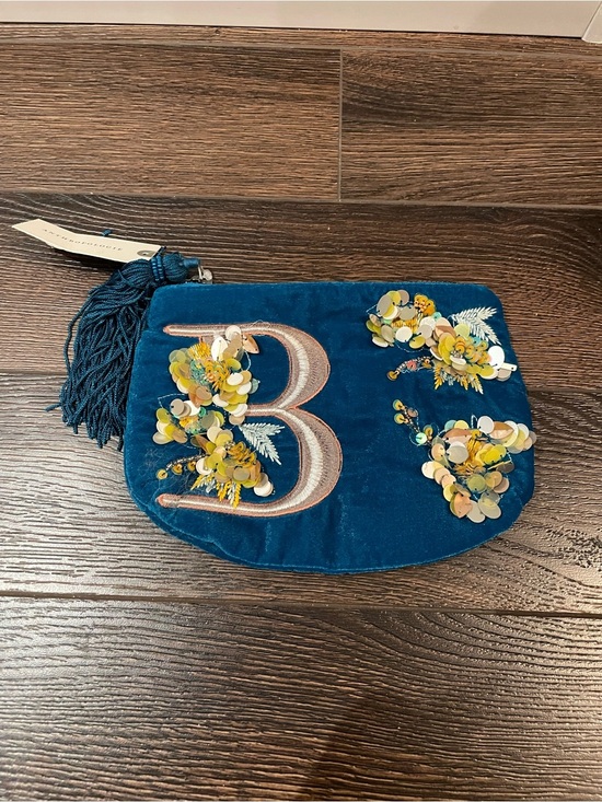 Anthropologie Handbags - Anthropologie Blue Velvet Embroidered Monogram "B" Floral  Zippered Pouch OS